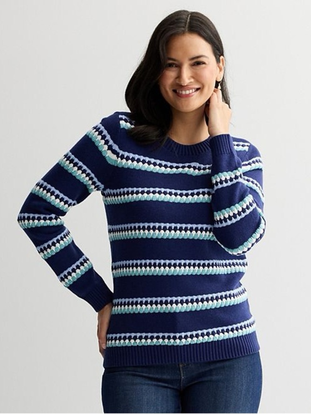 Croft & Barrow Women’s L Navy Blue Fair Isle Stripe Crewneck Sweater